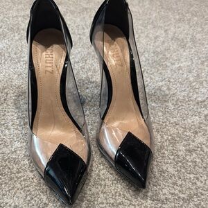SCHUTZ Black Patent Leather Heels with Transparent Panels